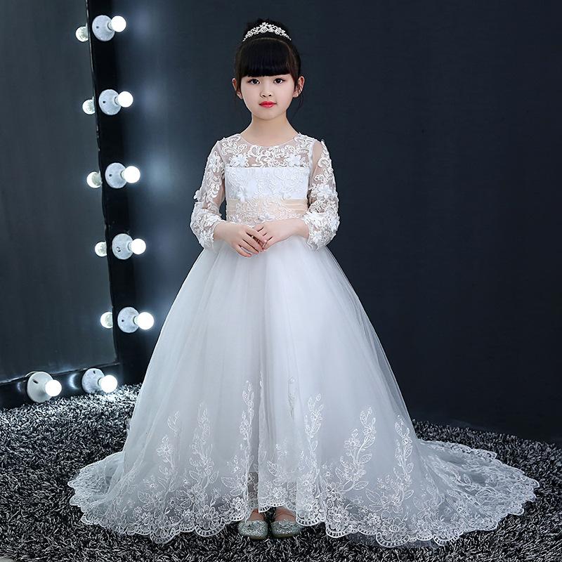 Изображение товара: Кружевное бальное платье для девочек, Пышное Платье с длинным рукавом, с цветочным принтом, для причастия, выпускного вечера, 2020