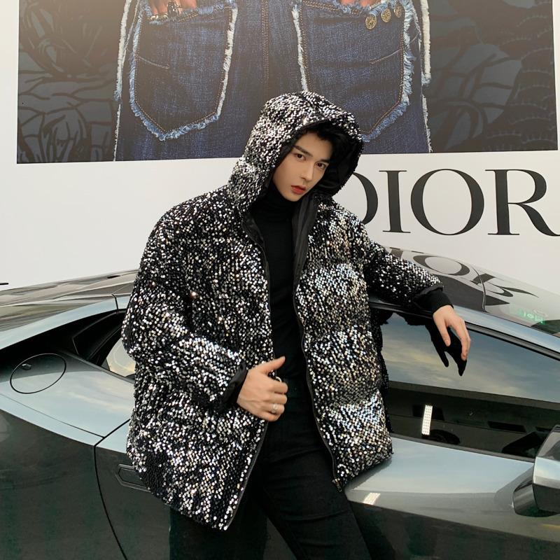 Изображение товара: Парка мужская утепленная с пайетками, модная повседневная куртка с капюшоном, уличная одежда свободного покроя в стиле хип-хоп, зима