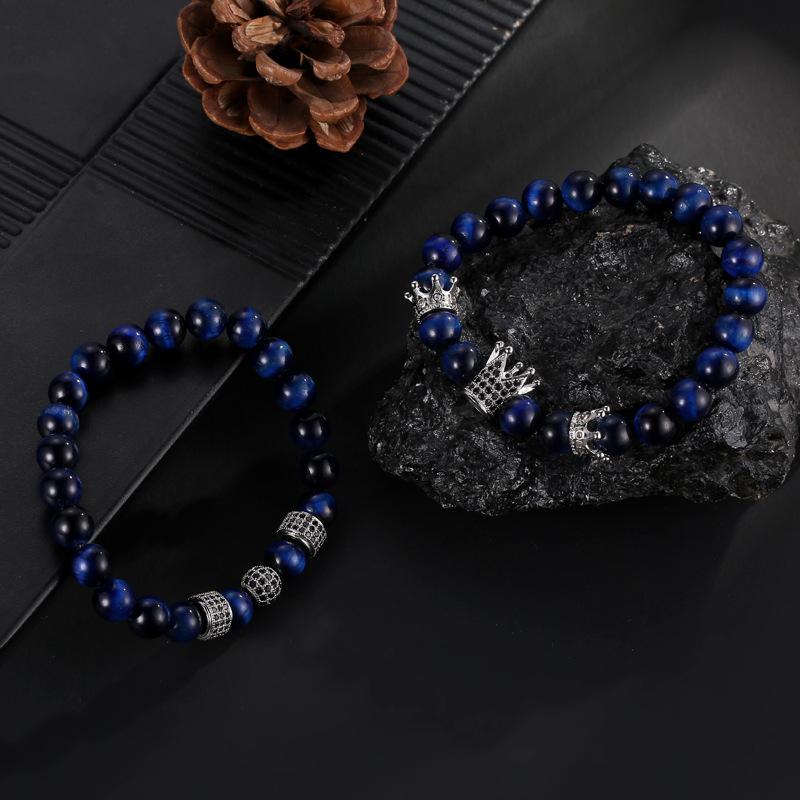 Изображение товара: 2019 микро вставка Корона шар украшение 2/набор для мужчин и женщин модный браслет подарок высокого класса темно-синий тигровый глаз бусина, жесткий браслет