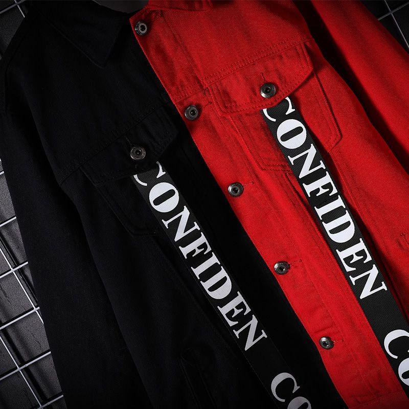 Изображение товара: Модная Мужская Лоскутная джинсовая куртка хип-хоп джинсы с лентой куртка весна и осень уличная мужская куртка