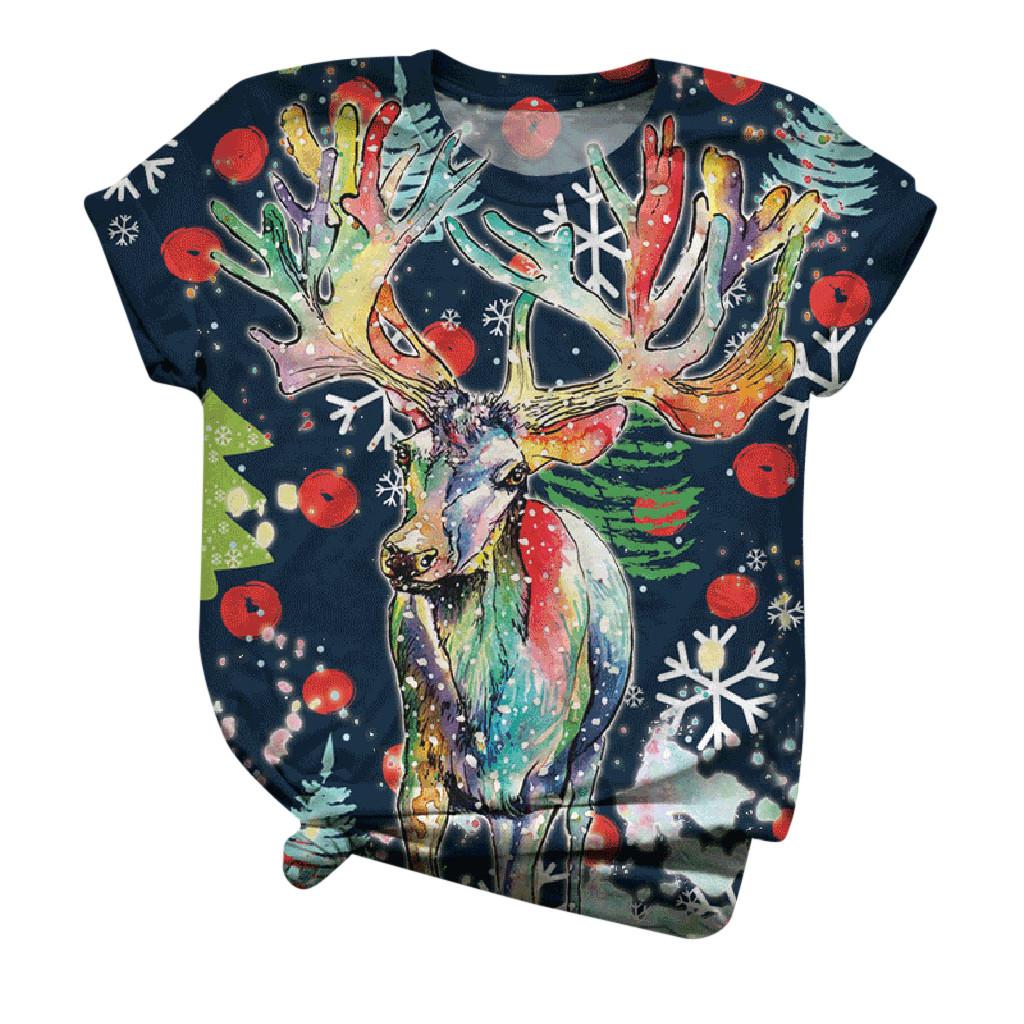 Изображение товара: Новый год модные яркие печатных размера плюс для женщин с коротким рукавом 3D рождественские топы с круглым вырезом; Комплект из футболки, женские футболки
