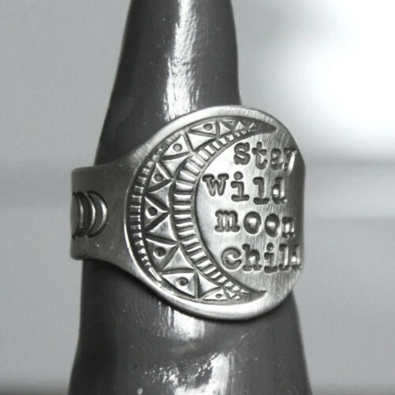 Изображение товара: Винтажное серебряное кольцо с гравировкой в виде Луны, Ретро стиль, кольца с буквами, кольца для женщин, панк, готика, вечерние, модные ювелирные изделия, подарок K5C343