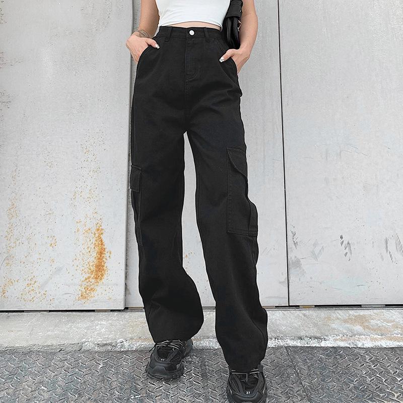 Изображение товара: Женские джинсы QRWR, новинка сезона весна-осень 2020, модные повседневные джинсы в стиле пэчворк с карманами и высокой талией, свободные Универсальные синие брюки-карго