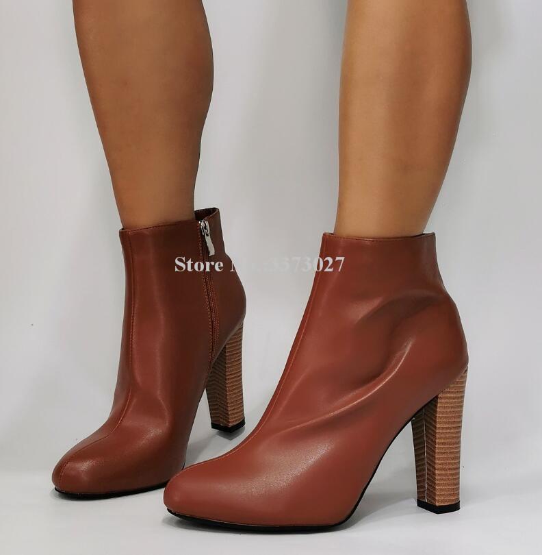 Изображение товара: Женские коричневые кожаные ботильоны на массивном каблуке, модные короткие ботинки в лаконичном стиле с круглым носком, женские классические ботинки большого размера, Прямая поставка