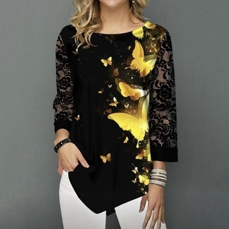 Изображение товара: Рубашка блузка женская большого размера 2XL, модные новые весенне-летние черные топы с принтом, 3/4 кружевные рукава, эластичная женская рубашка, Повседневная