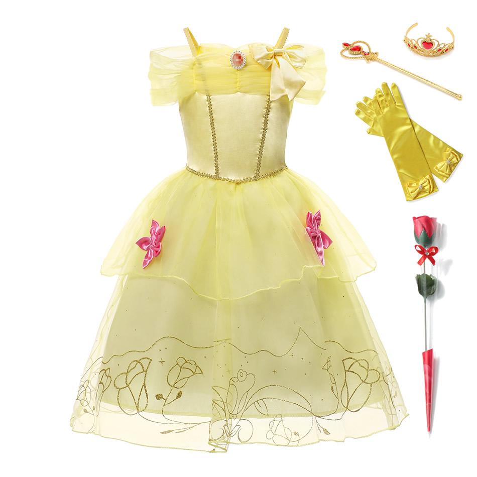 Изображение товара: Детское Атласное Платье Bella Philosophy, желтое фатиновое платье с открытыми плечами и принтом роз, косплей-одежда для девочек