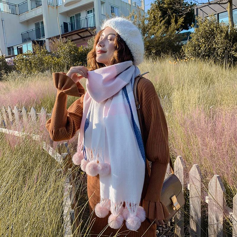 Изображение товара: Шарф кашемировый Женский, с помпоном из кроличьего меха, с бахромой, из искусственного кашемира, зимний, 2020