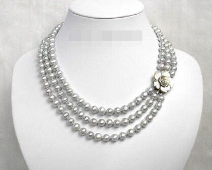 Изображение товара: 3 ряда 8 мм серебристо-серый пресноводный жемчуг ожерелье ракушка
