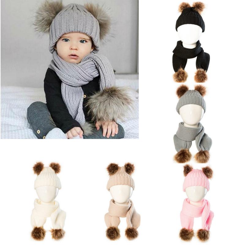 Изображение товара: 2 предмета, зимняя детская шапка + мягкий шарф для маленьких девочек и мальчиков, теплый милый двойной шарик-помпон, детская шапка, шарф, шапочка, шапка для новорожденных