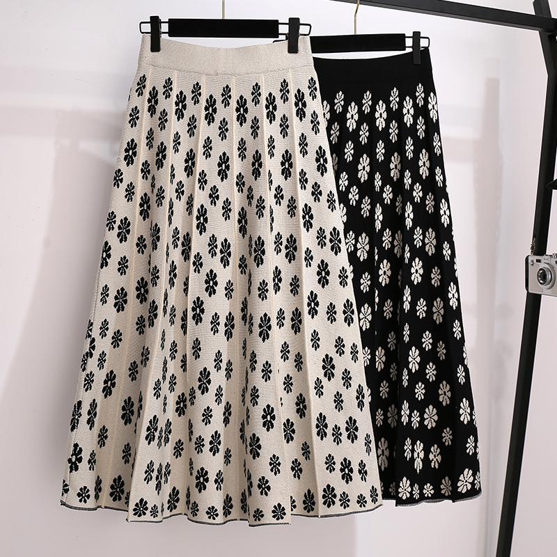Изображение товара: Винтажная вязаная длинная юбка с завышенной талией, с цветочным принтом, D0429, весна-зима-осень, 2021