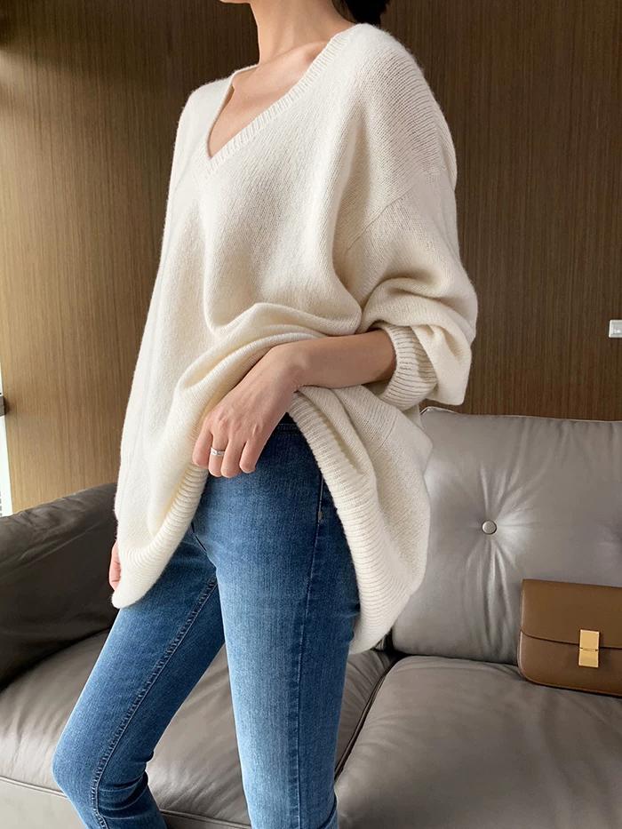 Изображение товара: Женский свободный свитер с V-образным вырезом, повседневный вязаный пуловер из 2020 кашемира и шерсти с длинным рукавом, зима 100%