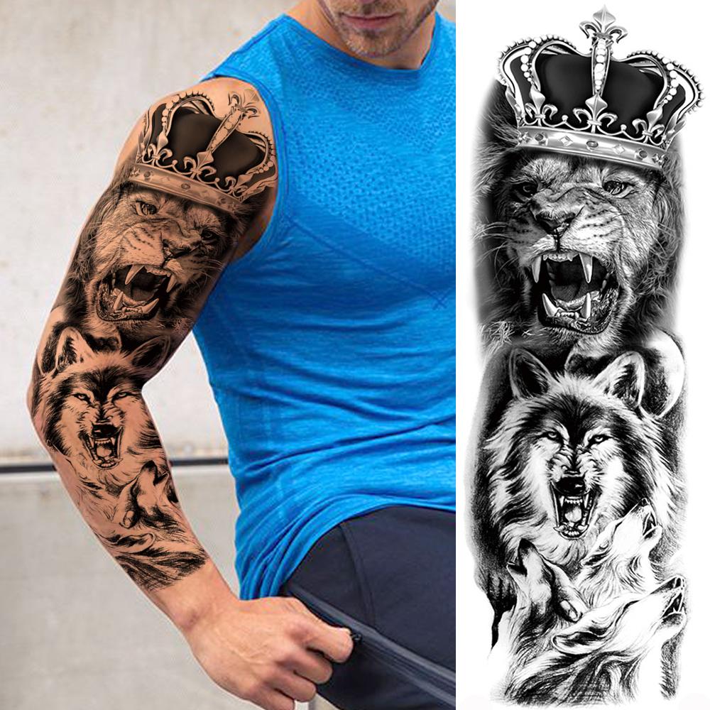 Изображение товара: Лев Король Гладиатор временные рукава с татуировками для мужчин женщин мужчин взрослых Поддельные Тигр Койот Реалистичная роза татуировки Полный татуировки на руке стикер