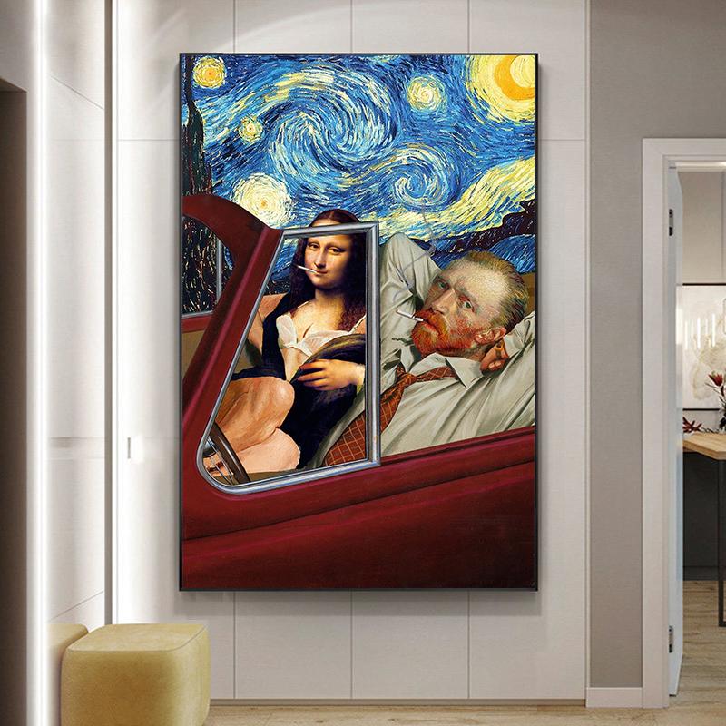 Изображение товара: Забавное искусство Мона Лиза Ван Гога курить в машине Картина на холсте плакат Звездная ночь настенные картины для декора гостиной