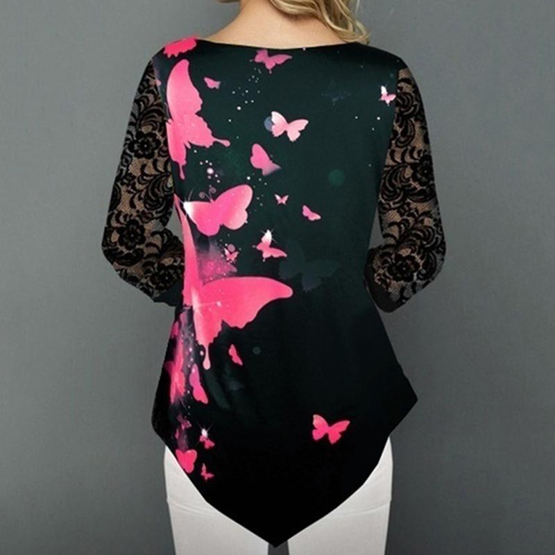 Изображение товара: Рубашка блузка женская большого размера 2XL, модные новые весенне-летние черные топы с принтом, 3/4 кружевные рукава, эластичная женская рубашка, Повседневная