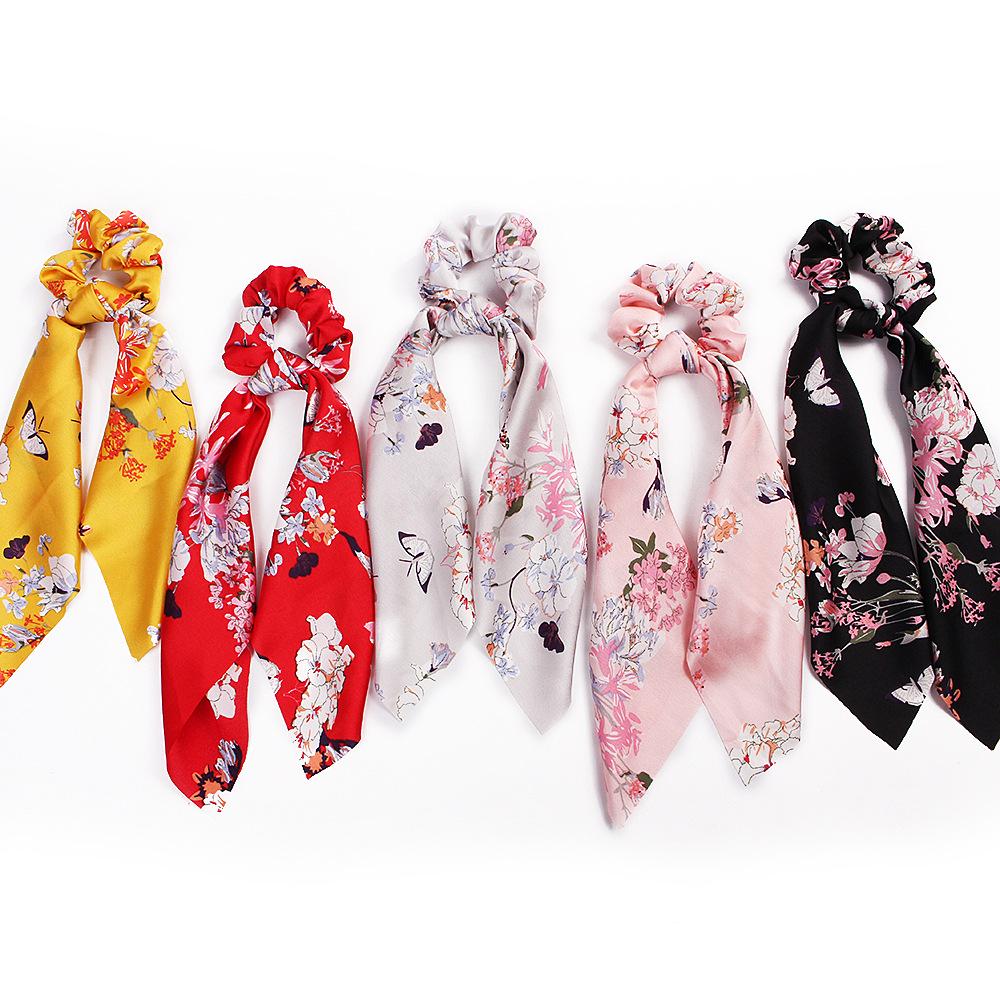 Изображение товара: Новый дизайн Цветочный принт Для женщин шарф для волос Эластичные богемные, лента для волос, обтянутая тканью; бант для волос резиновые Завязки для девочек аксессуары для волос