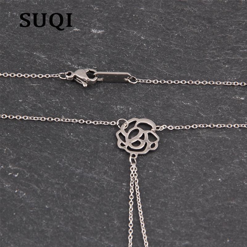 Изображение товара: Ожерелье SUQI из нержавеющей стали с кисточкой и розой, Женское Ожерелье-чокер, Длинные ожерелья с подвесками, Женская цепочка серебряного цвета, ошейник, ювелирные изделия