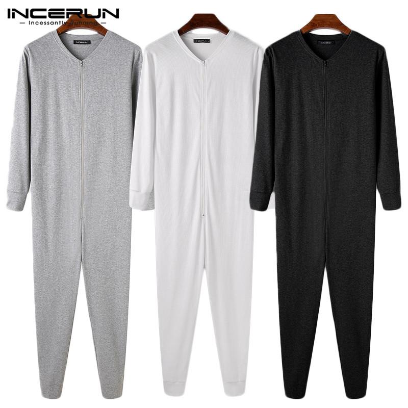 Изображение товара: Мужской комбинезон, пижама с длинным рукавом, на молнии, для фитнеса, 2022, домашняя одежда, однотонный, для отдыха, комбинезон с V-образным вырезом, уютная Мужская одежда для сна