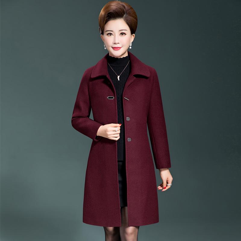 Изображение товара: Высококачественная одежда среднего возраста, длинное шерстяное пальто с длинными рукавами и отворотами, Осень-зима 2019, новые шерстяные пальто, теплые женские Пальто 4XL 5XL