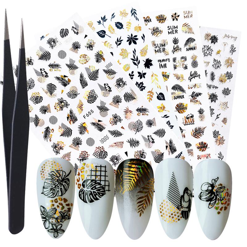 Изображение товара: Золотые листья, наклейки для дизайна ногтей, набор 3D, самостоятельная наклейка для ногтей, цветок, Бабочка, переводная наклейка, наклейка, слайдер, Декор