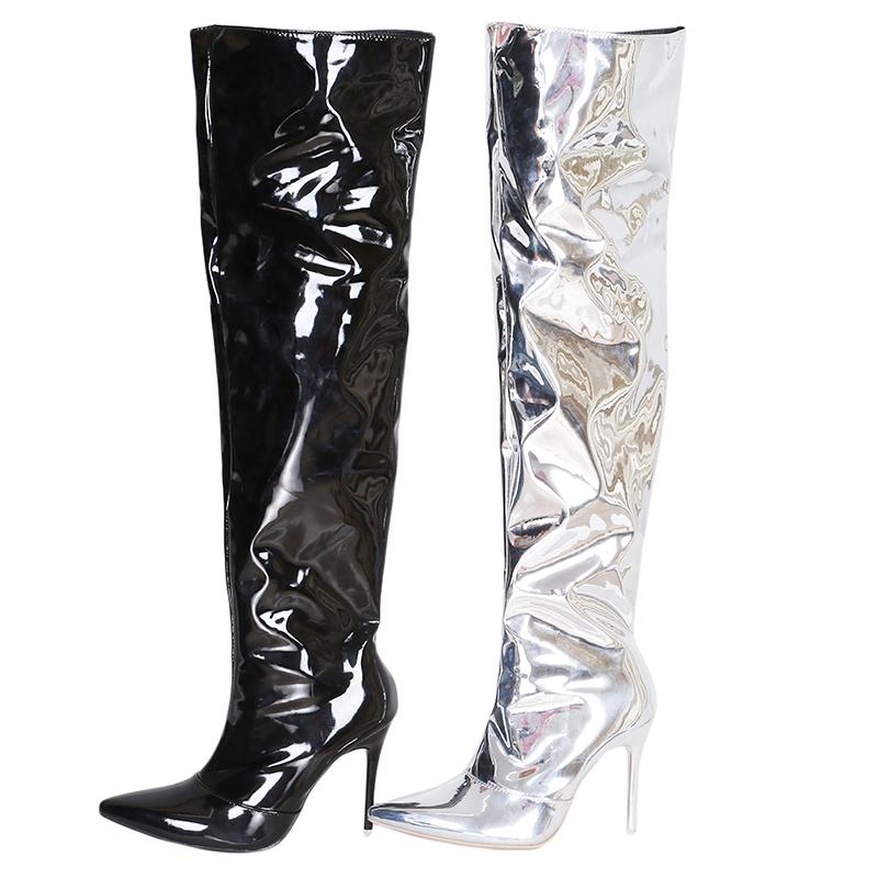 Изображение товара: Пикантные Серебристые сапоги до бедра с зеркальным покрытием женские Клубные вечерние туфли с острым носком высокие женские сапоги выше колена на тонком высоком каблуке