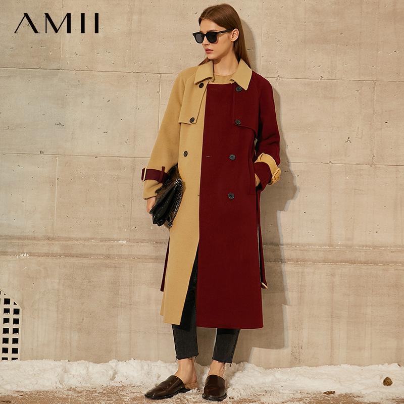 Изображение товара: Amii минимализм роскошное зимнее пальто Женская мода 100% шерсть с лацканами двубортное лоскутное пальто Женская куртка 12040659