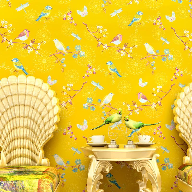 Изображение товара: Американские обои пасторальные цветы и птицы маленькие свежие цветочные обои синие Желтые Простые современные обои для гостиной