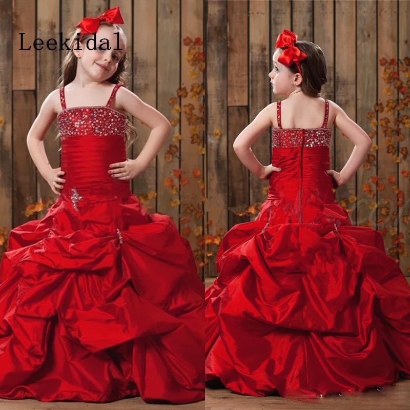 Изображение товара: Красные детские платья на тонких бретельках, платья для девочек с цветами, красные атласные платья для девочек, праздничные наряды на заказ