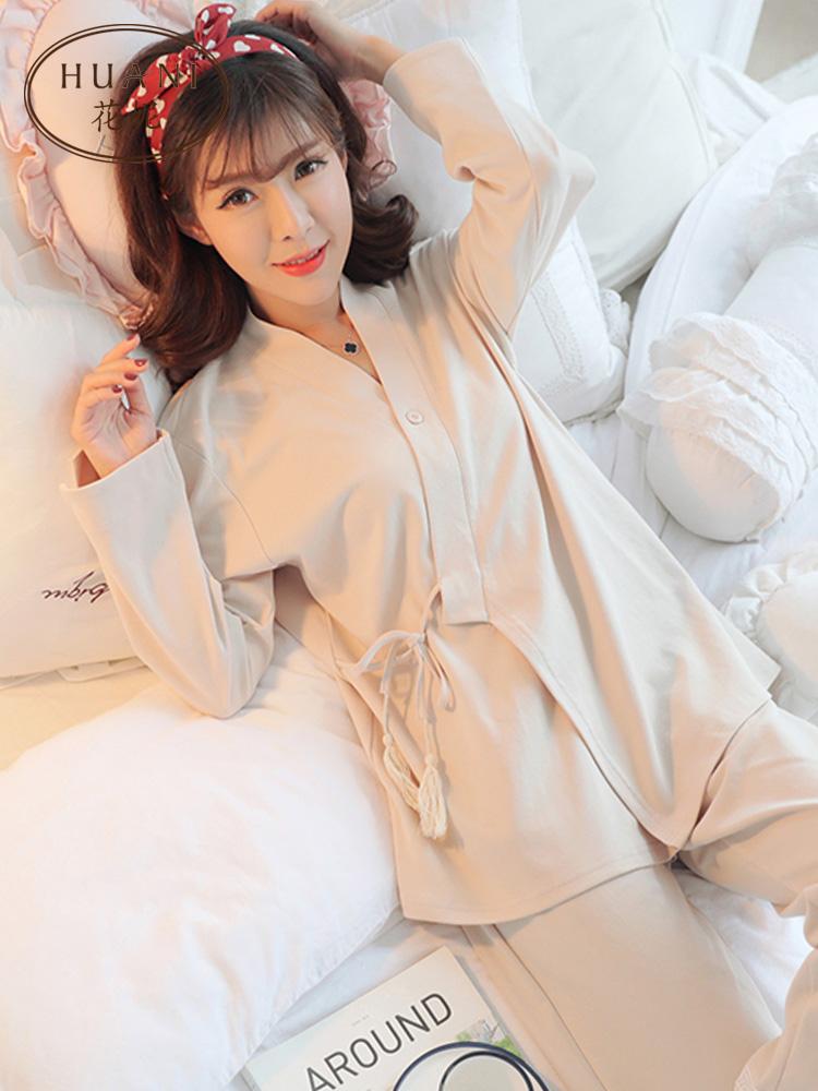 Изображение товара: Осенний пижамный комплект в стиле кимоно с длинным рукавом для женщин Высококачественная Хлопковая женская домашняя одежда однотонная простая одежда для сна для девочек