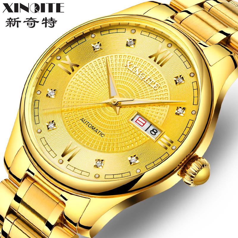 Изображение товара: Золотые мужские часы XINQITE, 2019 брендовые роскошные механические часы из нержавеющей стали, водонепроницаемые, автоматические, механические часы