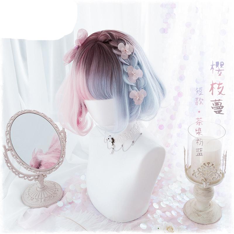Изображение товара: Парик принцессы Харадзюку С короткими вьющимися волосами, милые вечерние аксессуары для косплея и шапочки в японском стиле Лолита, розовые синие градиентные волосы