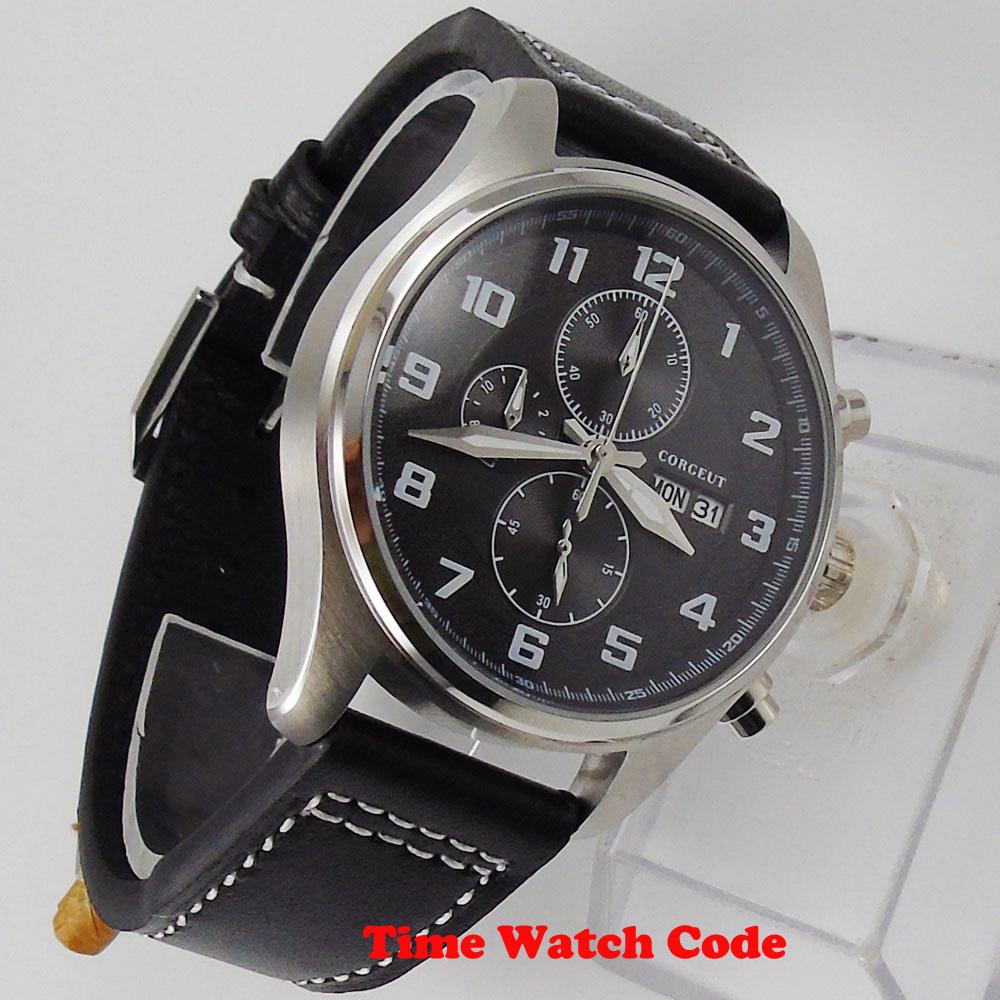 Изображение товара: Corgeut 42mm Quartz Movement Men's Wristwatch Chronograph Week Date display Stop watch leather strap black dial calendar