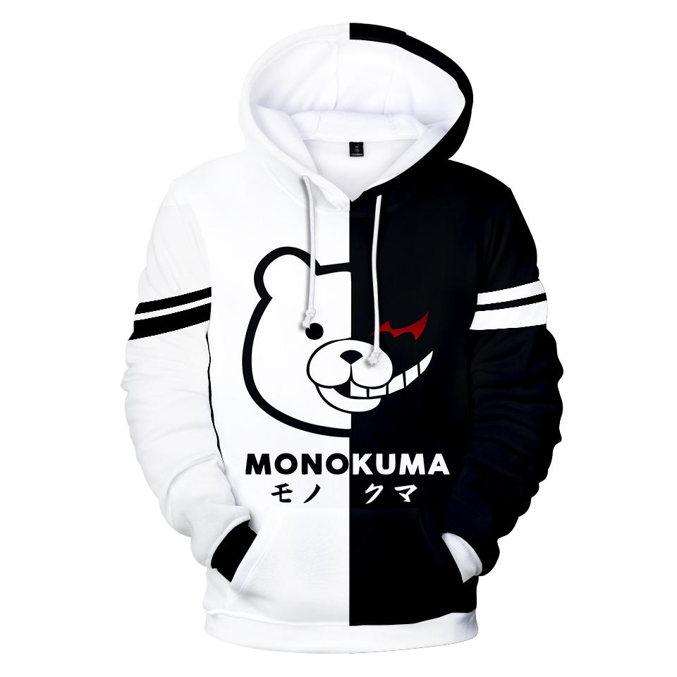 Изображение товара: Толстовки Monokuma с 3D рисунком, мужские и женские толстовки, Модные осенние черно-белые пуловеры с капюшоном в стиле хип-хоп для мальчиков и девочек
