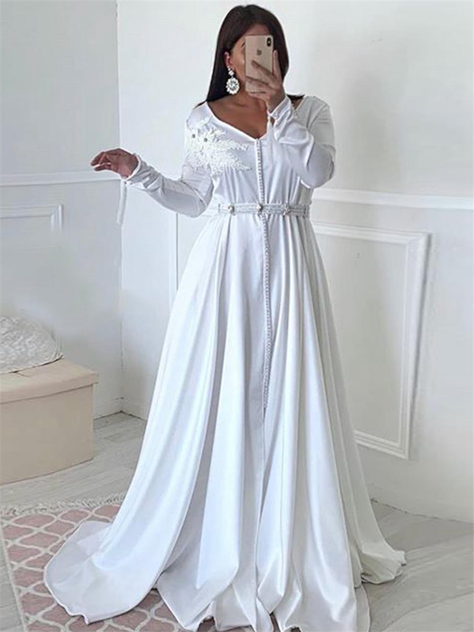Изображение товара: Белое мусульманское вечернее платье, женское официальное вечернее платье с длинным рукавом для выпускного вечера, 2020, элегантное платье для свадебной вечеринки из Саудовской Аравии и Дубая