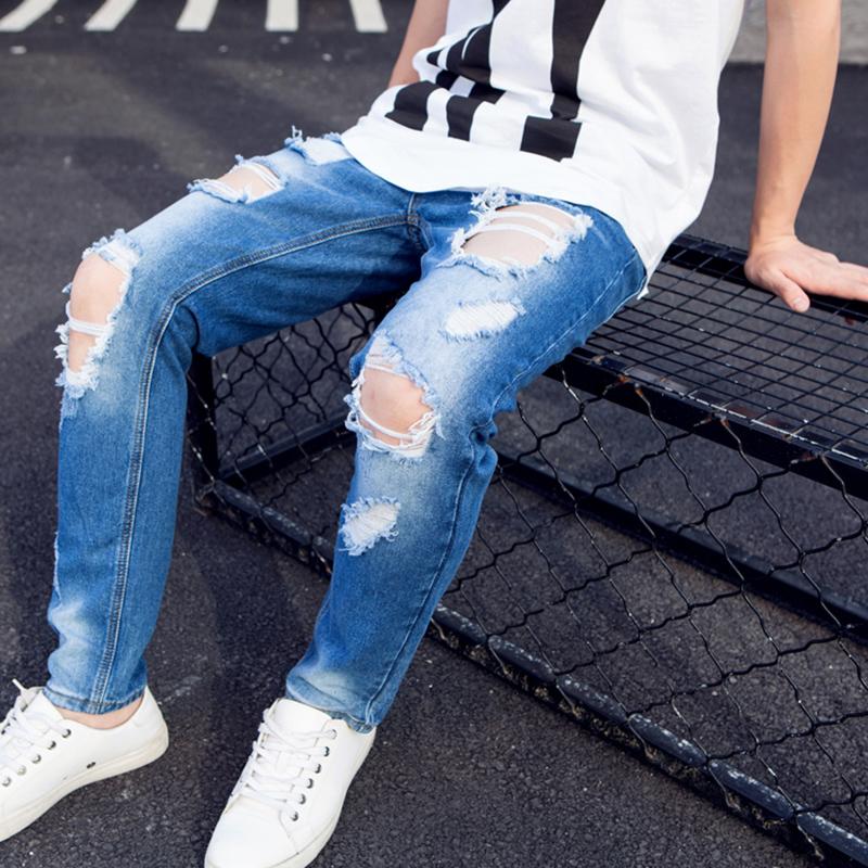 Изображение товара: Летние узкие мужские джинсы с большими дырками, узкие брюки, Корейская версия трендовых брюк больших размеров 9