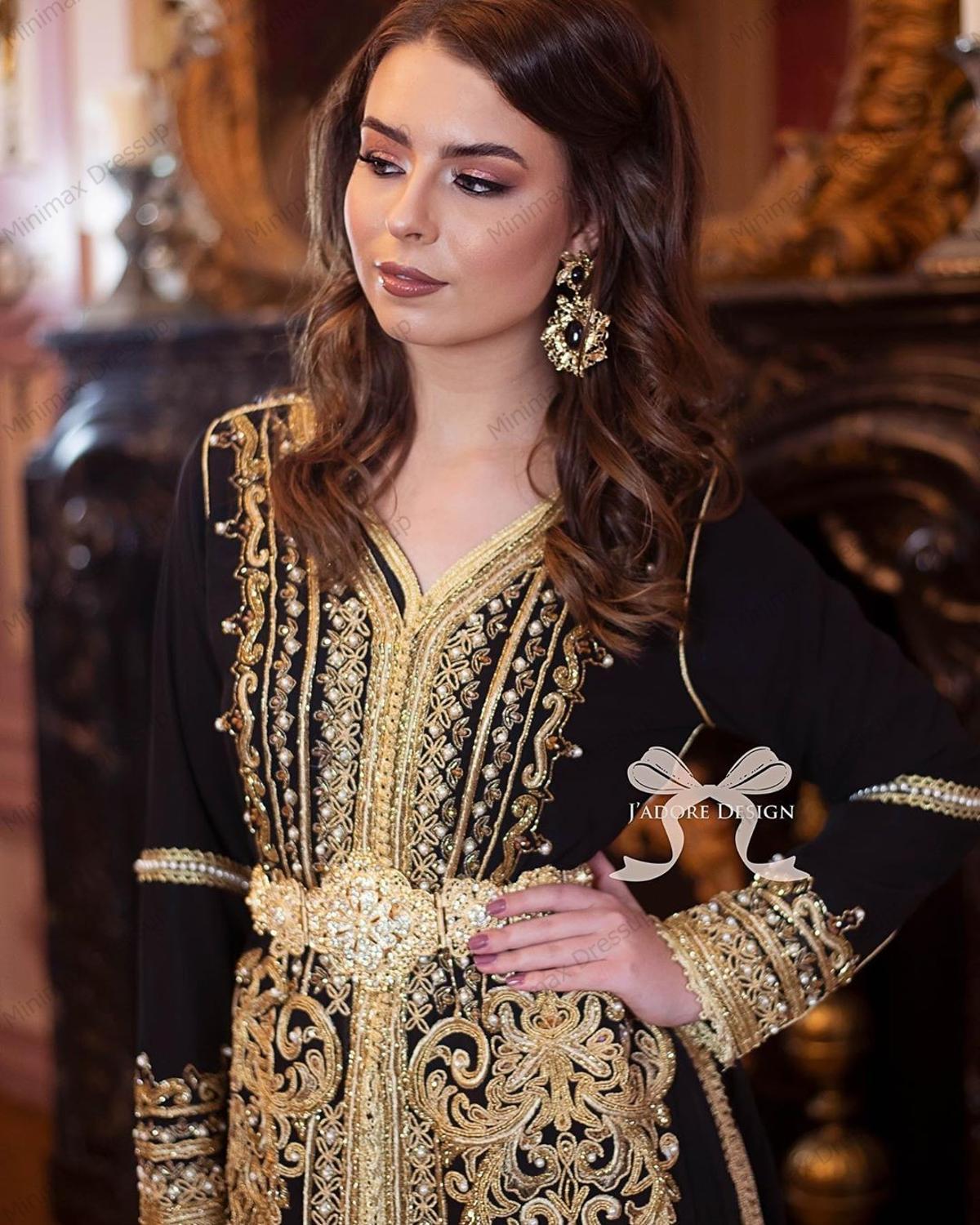 Изображение товара: Черное мусульманское вечернее платье с золотой аппликацией, с длинным рукавом, Марокканское праздвечерние платье кафтан формальный, со стразами, арабское выпускное платье на заказ