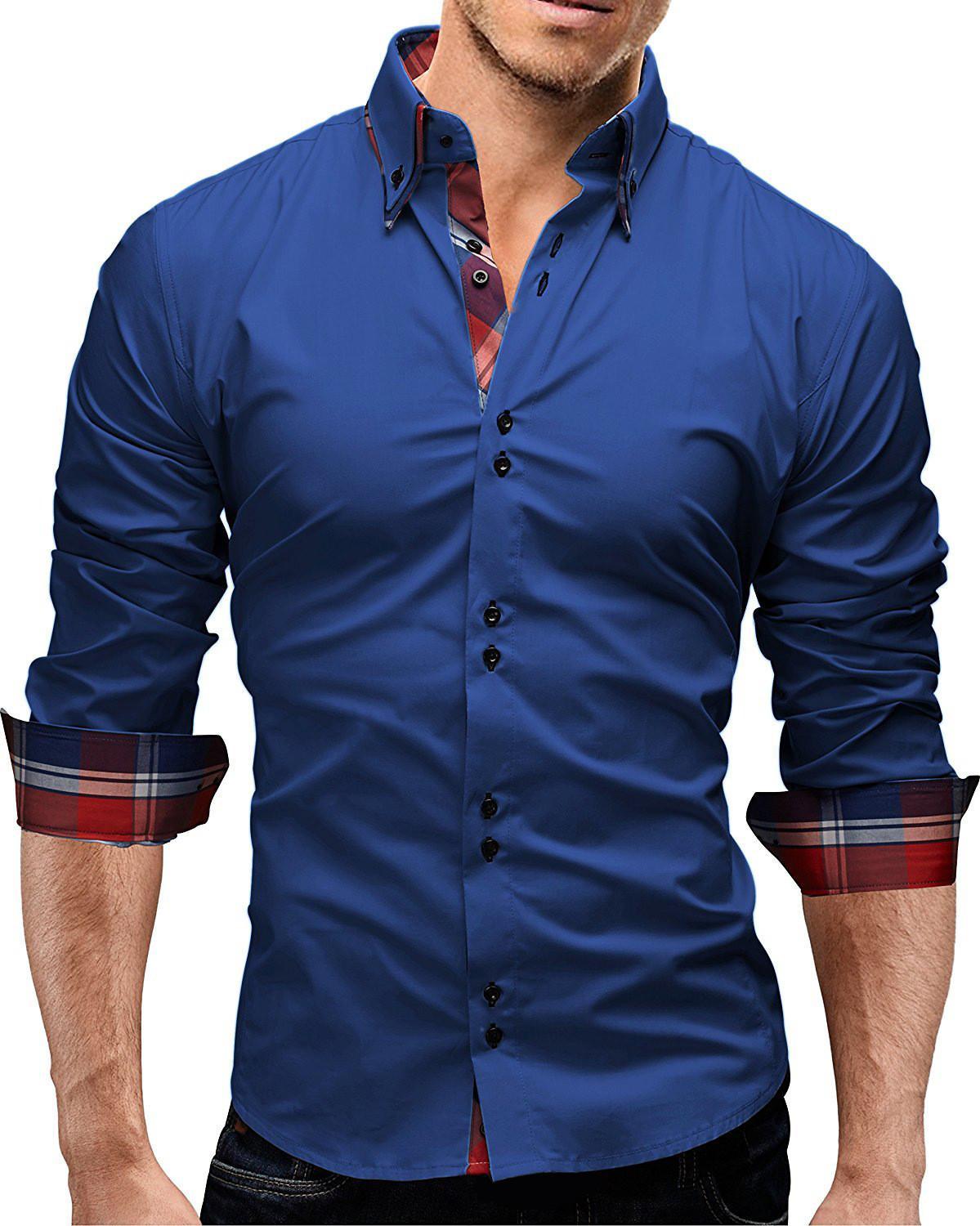 Изображение товара: Мужская рубашка с длинным рукавом и отложным воротником, однобортный клетчатый кардиган в стиле пэчворк, топы, Повседневная тонкая Однотонная рубашка