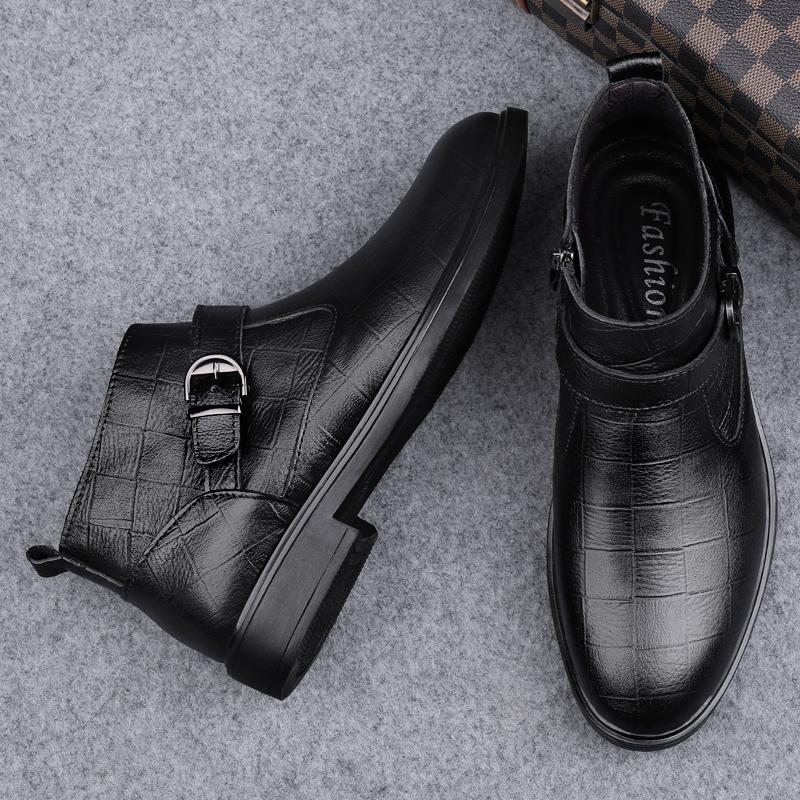 Изображение товара: Мужские модные уличные повседневные кожаные ботинки, мужские ботинки большого размера с бархатной подкладкой и защитой от холода, мужские высокие ботинки