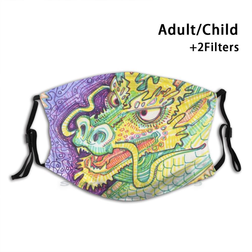 Изображение товара: Многоразовая маска для рта Pm2.5 с фильтром Dragon draw-2015, детская маска-маркер дракона на бумаге, розовая, фиолетовая, зеленая, желтая, водная