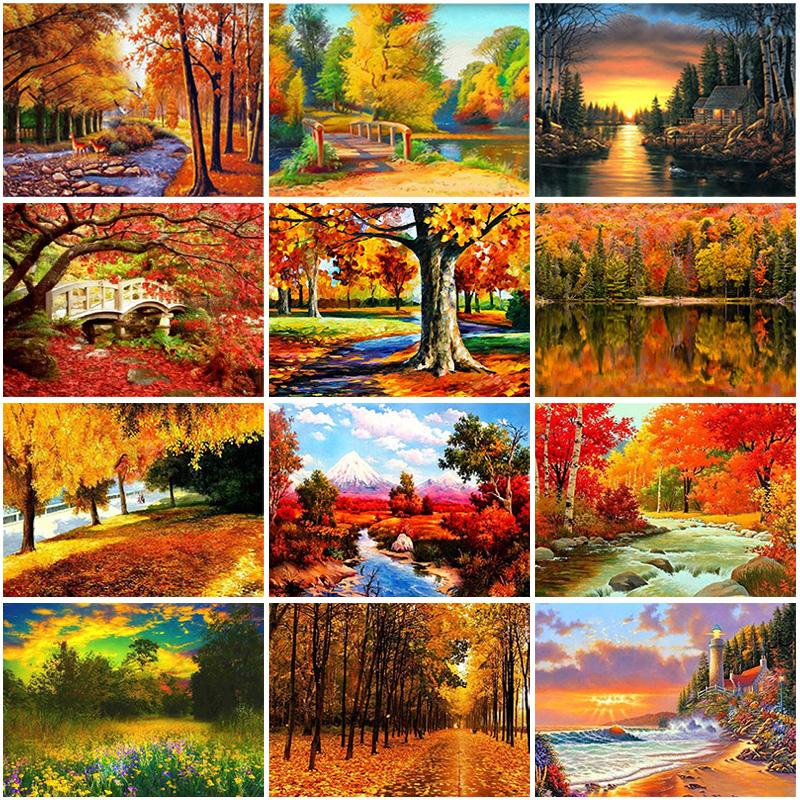 Изображение товара: DIY 5D Diamond Painting Autumn Fall Cross Stitch Kit Mosaic Embroidery Landscape Tree Full Round Rhinestone Crafts Home Decor