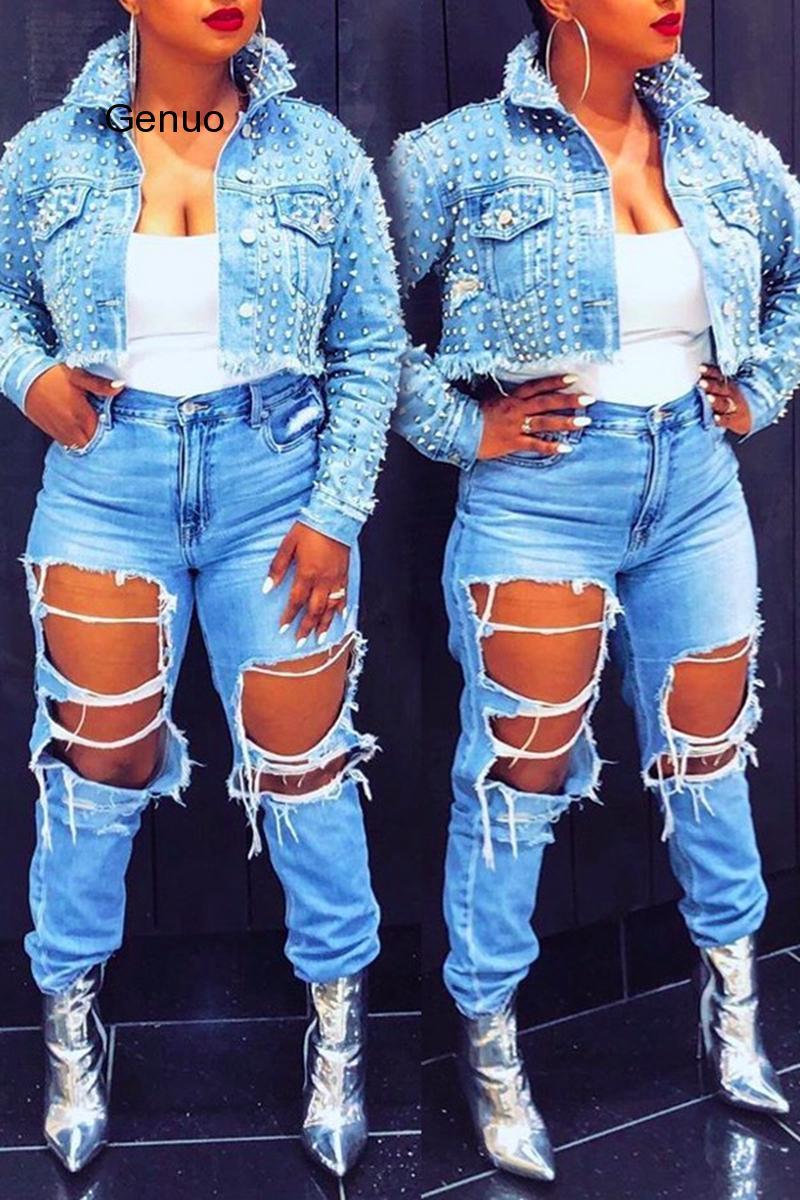 Изображение товара: Куртка женская джинсовая с заклепками, пикантная винтажная верхняя одежда из денима с дырками, в стиле бойфренда, с длинным рукавом, осень 2020