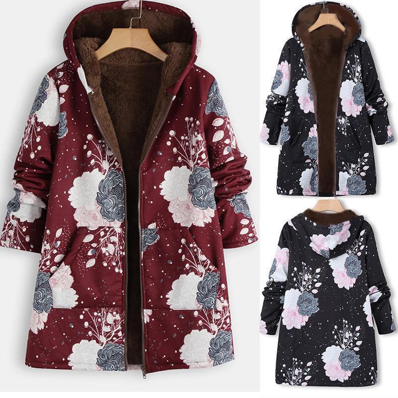 Изображение товара: Теплая стеганая куртка с принтом в стиле ретро, модная плюшевая толстовка, куртка на молнии, стеганая куртка, куртка, зимняя женская одежда 2020