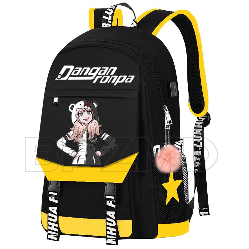 Изображение товара: Холщовый Рюкзак с цепочкой в стиле аниме Danganronpa Junko, для женщин, мужчин, с USB-зарядкой, для подростков, мальчиков, девочек, школьные сумки