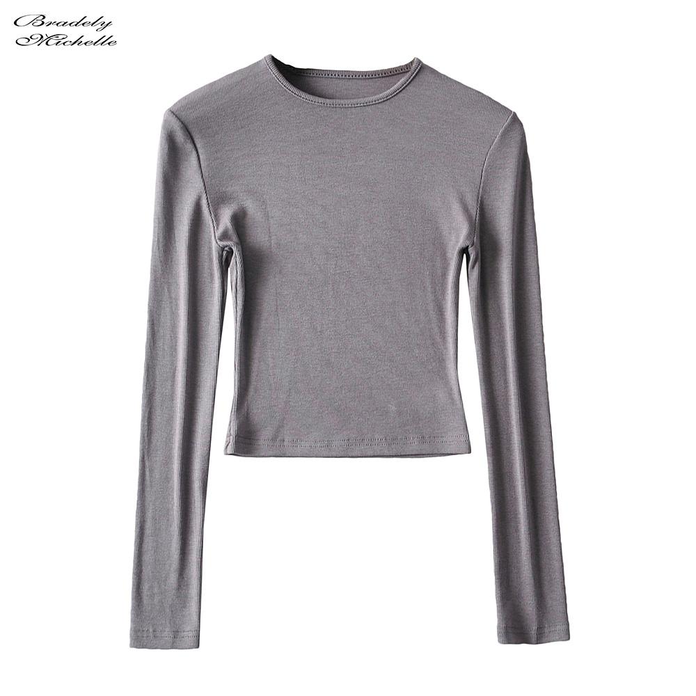 Изображение товара: Женская одежда BRADELY MICHELLE 2020, эластичные хлопковые укороченные топы, Повседневная Однотонная футболка с круглым вырезом и длинным рукавом