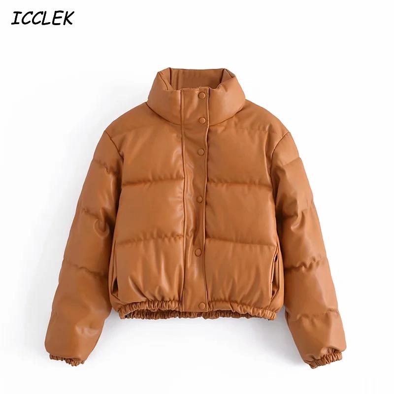Изображение товара: Женская куртка Icclek, зимние парки из искусственной кожи, искусственное пальто, теплая укороченная плотная одежда, женские кожаные куртки, черное Стеганое пальто