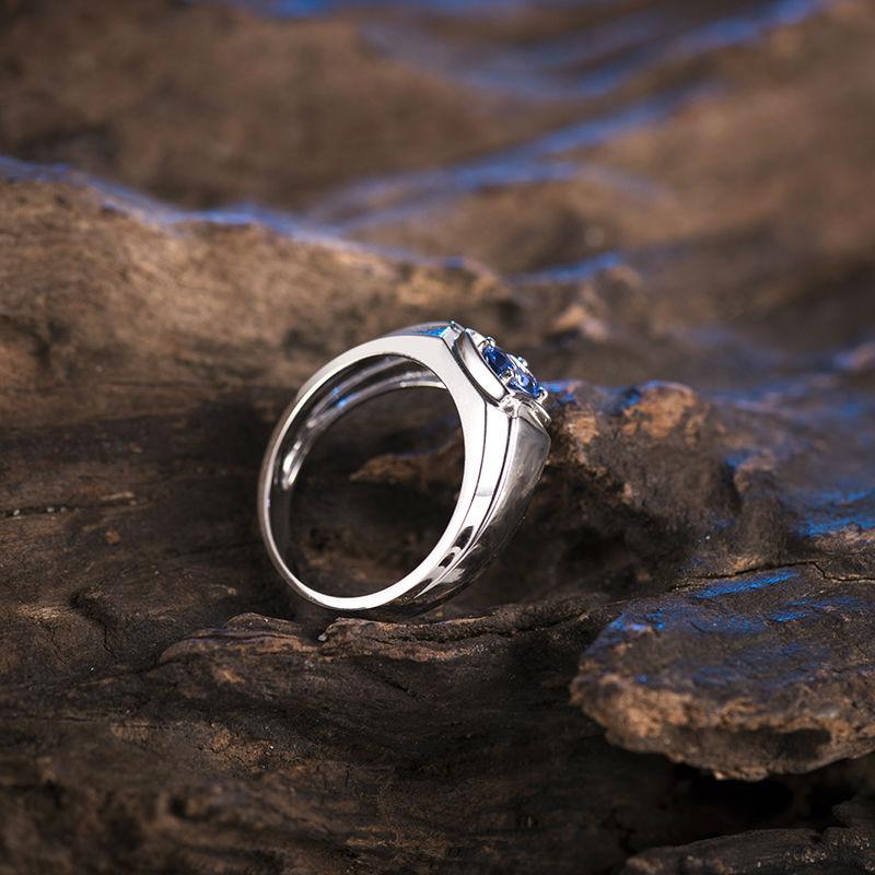 Изображение товара: Открытое регулируемое женское мужское кольцо, круглое, с синим цирконием, с кристаллом ZC, посеребренное обручальное кольцо для мужчин и женщин
