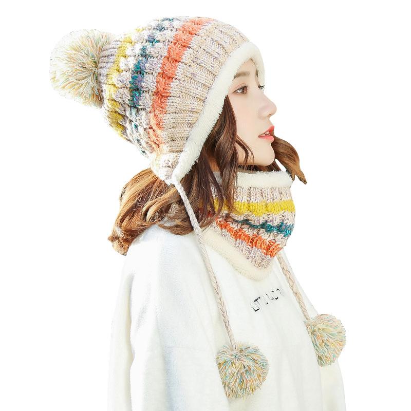 Изображение товара: 2020 модная зимняя женская утолщенная Милая вязаная шапка с ожерельем защита для ушей ветрозащитные шапки для женщин Головные уборы