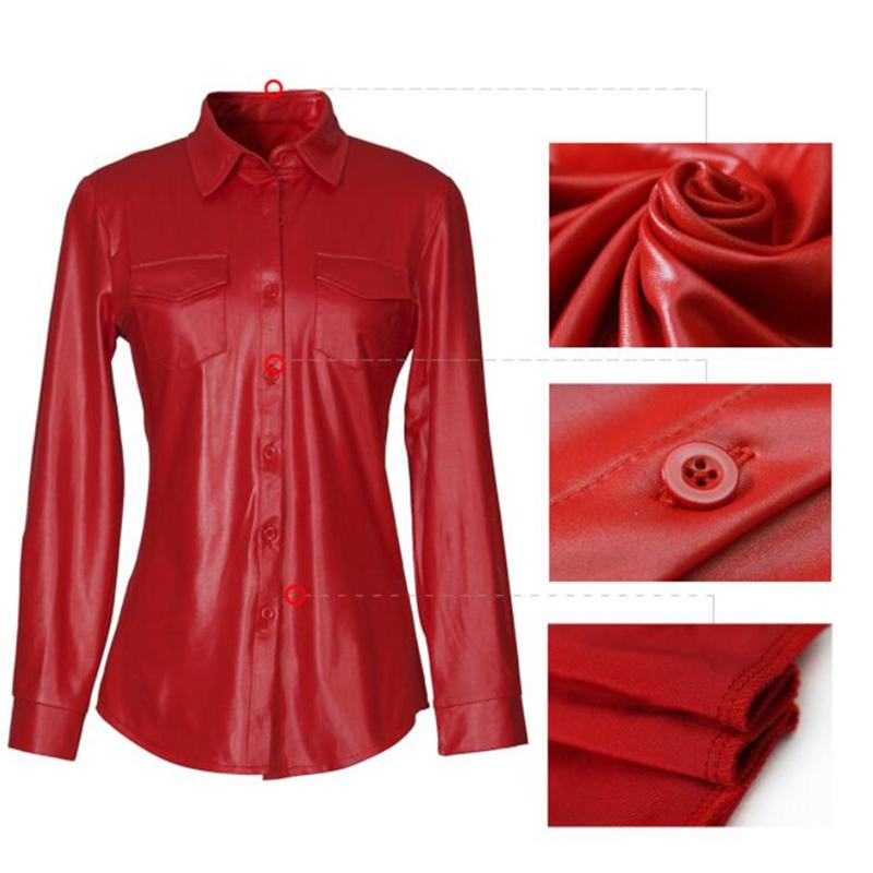 Изображение товара: Женские блузки из искусственной кожи, сексуальные женские топы с длинными рукавами и пуговицами, уличная одежда, повседневные шикарные рубашки