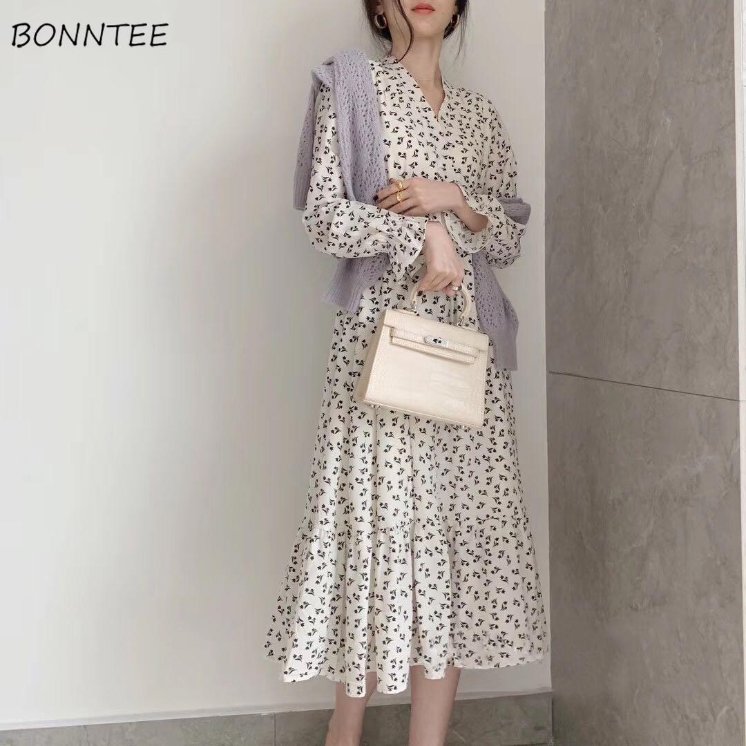 Изображение товара: Женское винтажное платье с цветочным принтом, длинным рукавом и V-образным вырезом