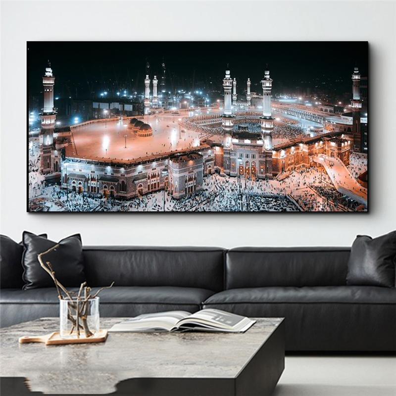 Изображение товара: Холст с изображением мечети Мекка, вид ночи, настенные картины, художественные плакаты и принты, исламское искусство Каби Мекке для декора гостиной