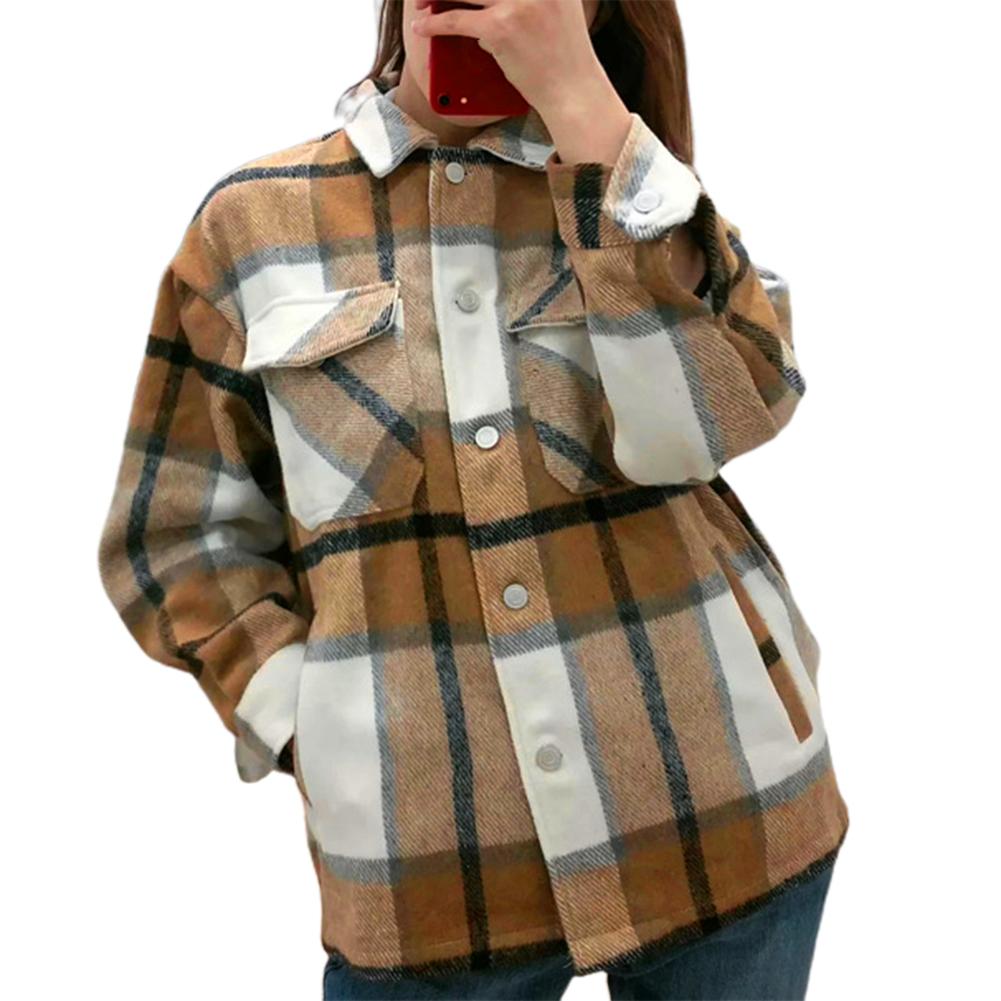 Изображение товара: Женская клетчатая куртка большого размера, винтажная клетчатая куртка с длинным рукавом и карманами, женская верхняя одежда, однобортный шикарный топ с лацканами